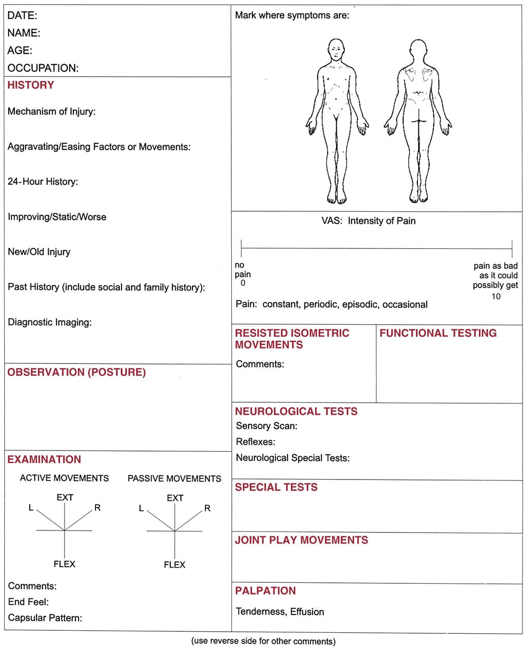 Orthopedic Assessment Chart