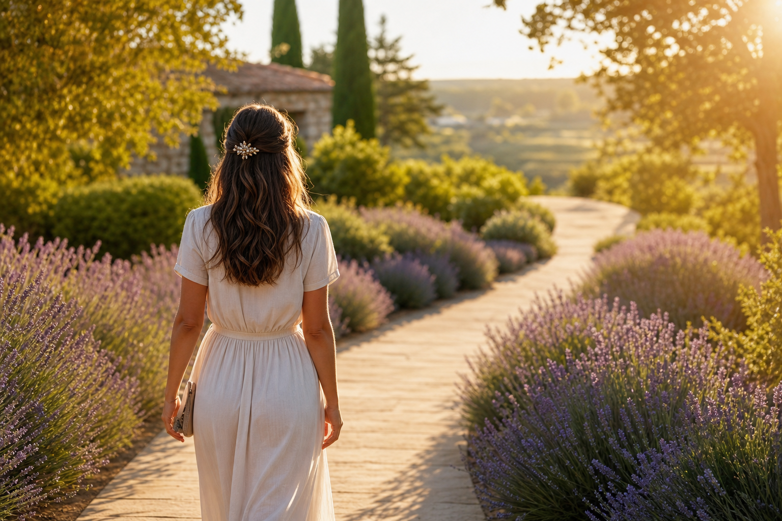 Woman in white dress walks through sunny lavender garden