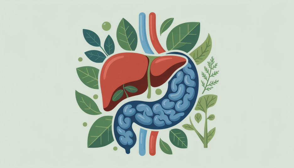 The image showcases a harmonious blend of a stylized liver and digestive system surrounded by natural elements like leaves and herbs, subtly incorporating abstract forms of supplements to represent high-quality, science-based solutions for enhancing liver and cognitive health, all set against a soothing palette of greens, blues, and earth tones to evoke a sense of wellness and trust.