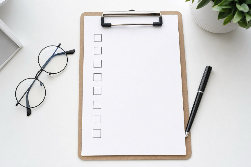A clipboard with a blank checklist beside round spectacles on a clean white clinical desk.