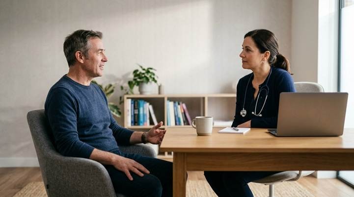 A man talks with a specialist in a bright, modern doctor's office during a consultation about hemorrhoid treatment options.