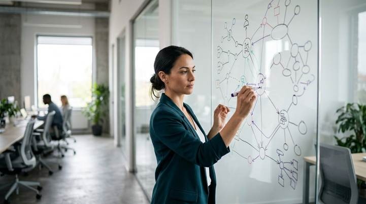 A marketing strategist draws a complex, interconnected network on a glass wall, illustrating a modern Answer Engine Optimization plan.